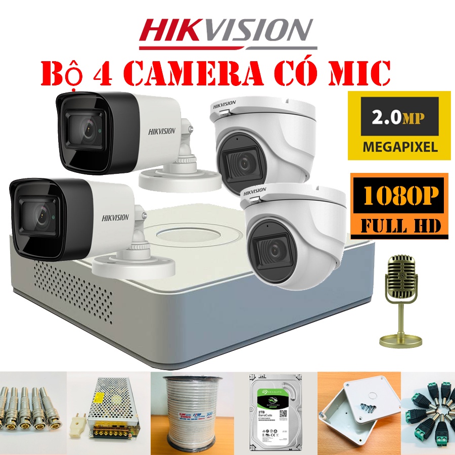 Trọn bộ 4 Camera Hikvision 2Mp DS - 2CE16D0T - ITFS Full HD 1080P Chính Hãng,có MIC thu âm