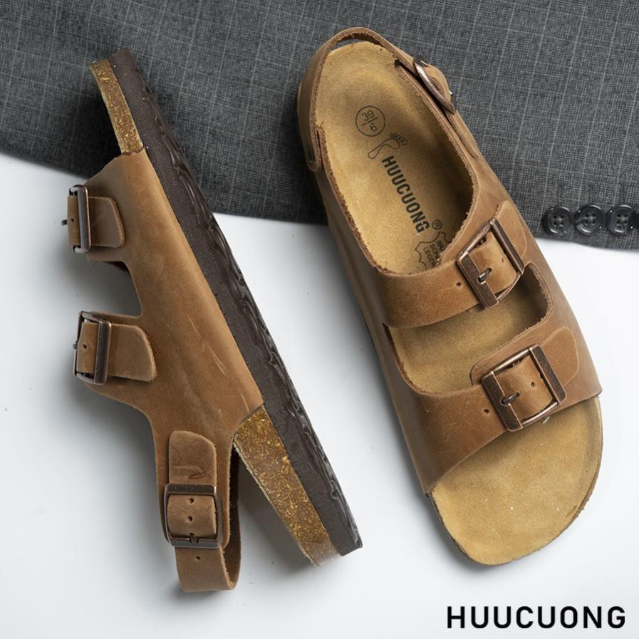 Giày unisex  Quai Ngang 2 Khóa HUUCUONG Da Bò Thật Màu Nâu Đế Trấu