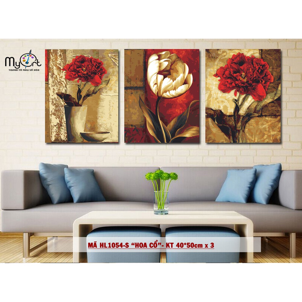Bộ tranh sơn dầu số hóa tự tô màu DIY 3 bức - Mã HL1054S Tranh bình hoa lọ hoa cổ điển sang trọng