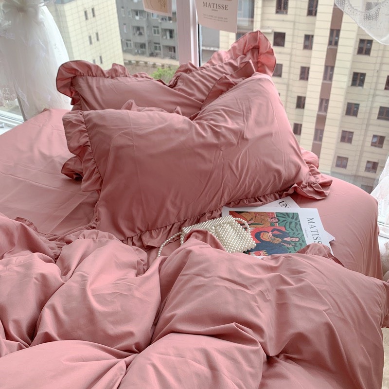 Bộ chăn ga gối Cotton Tici phối bèo Mượt Decor, vỏ chăn mền, drap giường và 2 vỏ gối