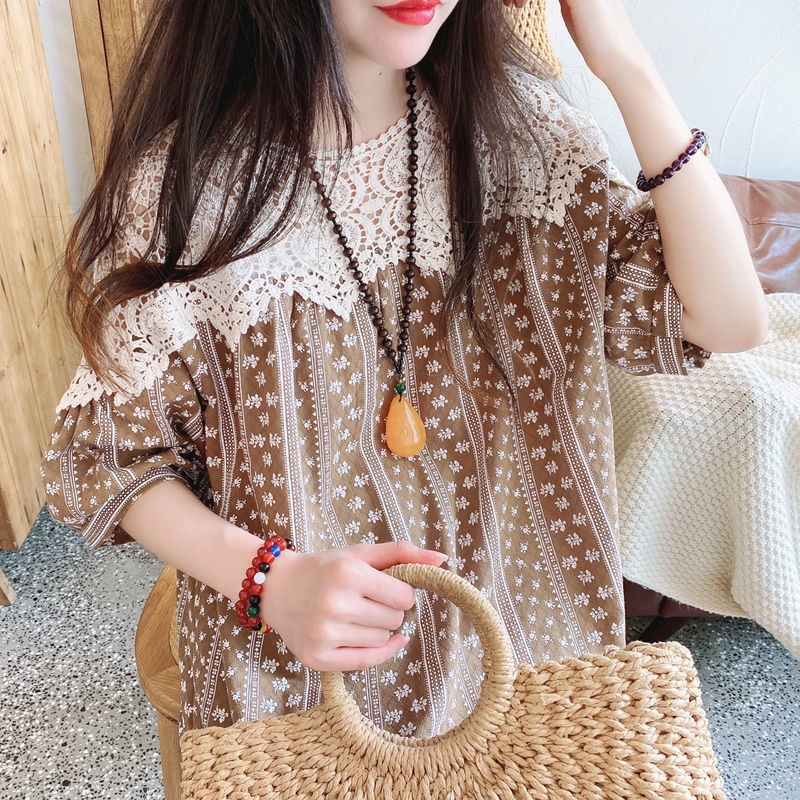 Áo Sơ Mi Nữ Ngắn Tay Viền Ren Dáng Rộng Kiểu Hàn Quốc Thời Trang Mùa Hè