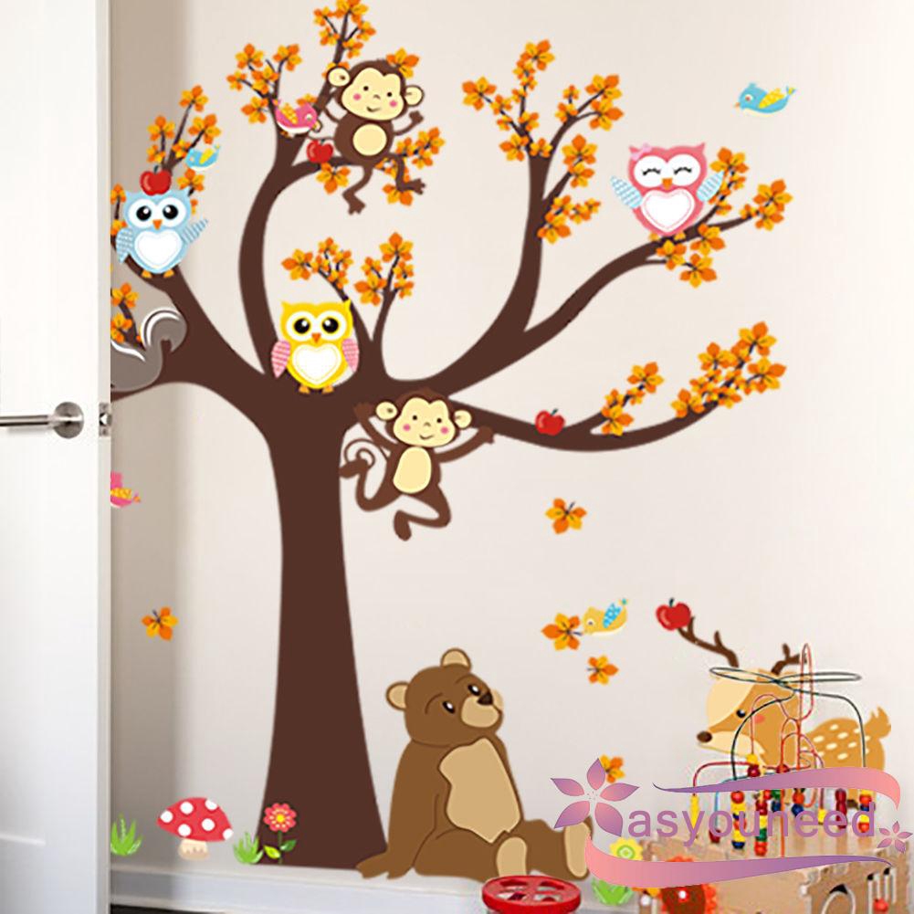 Sticker dán tường họa tiết hình con khỉ và cú trên cây vui nhộn
