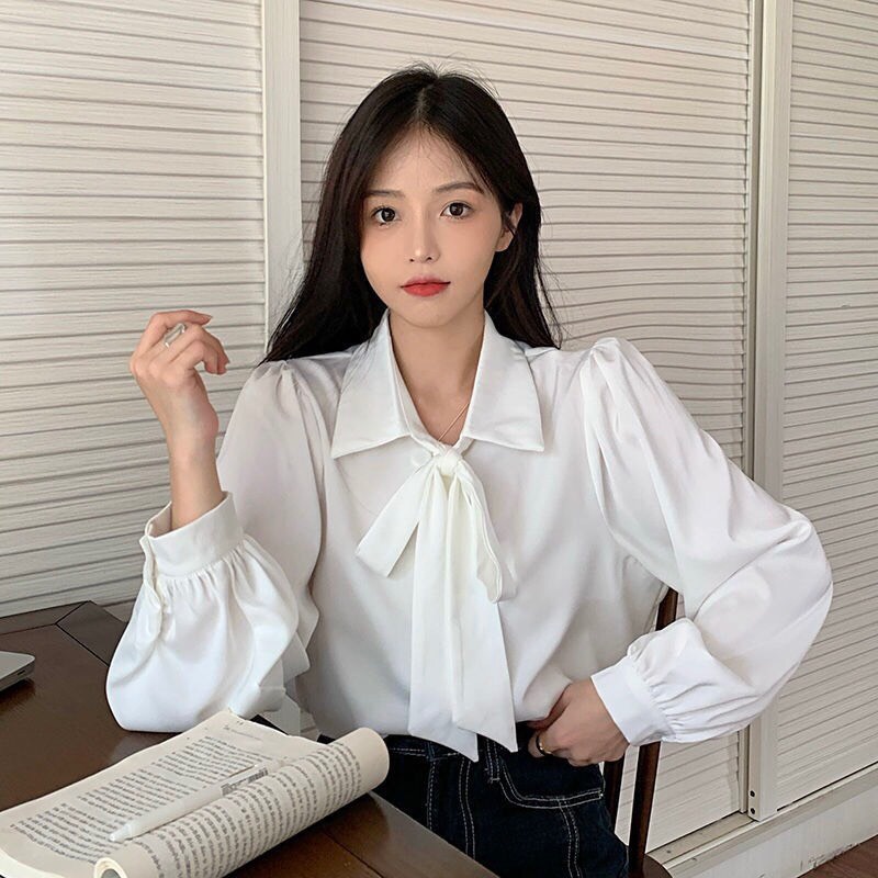 Sơ Mi Nơ Nữ Dài Tay Tay Bồng Phong Cách Vintage Hàn Quốc Dorastyle