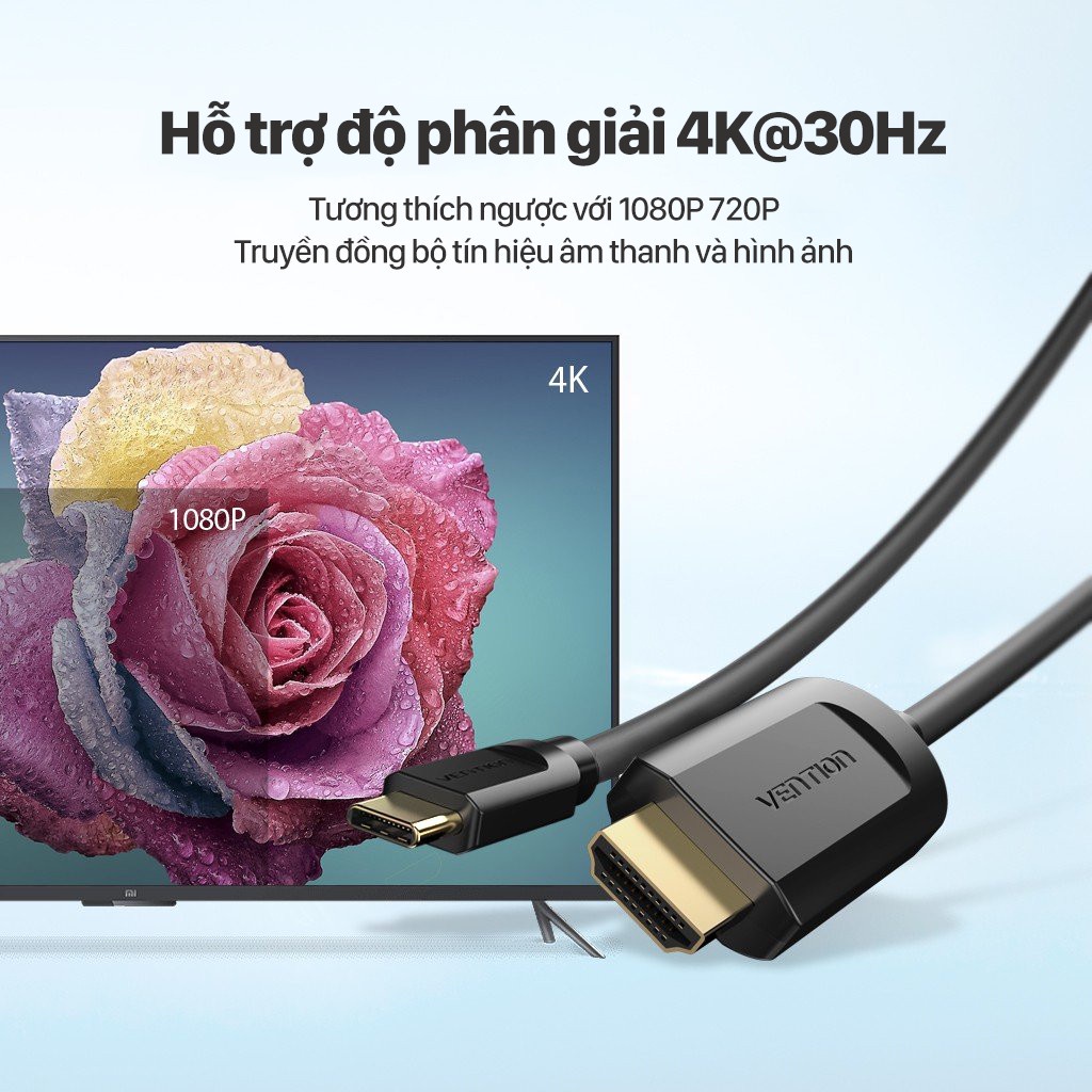 Cáp Type-C to HDMI cho Laptop, Macbook, iPad, ĐT chất lượng 4K 2K Full HD Dây cáp chuyển đổi Type-C Vention CGUBG BH 12T