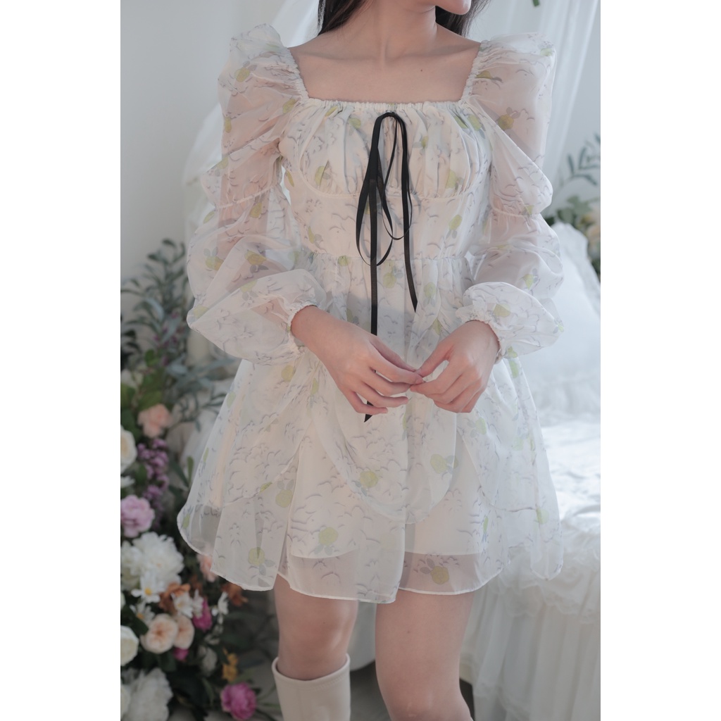 Đầm váy nữ thiết kế voan babydoll trắng xanh ngắn nơ tay bồng phong cách tiểu thư dễ thương