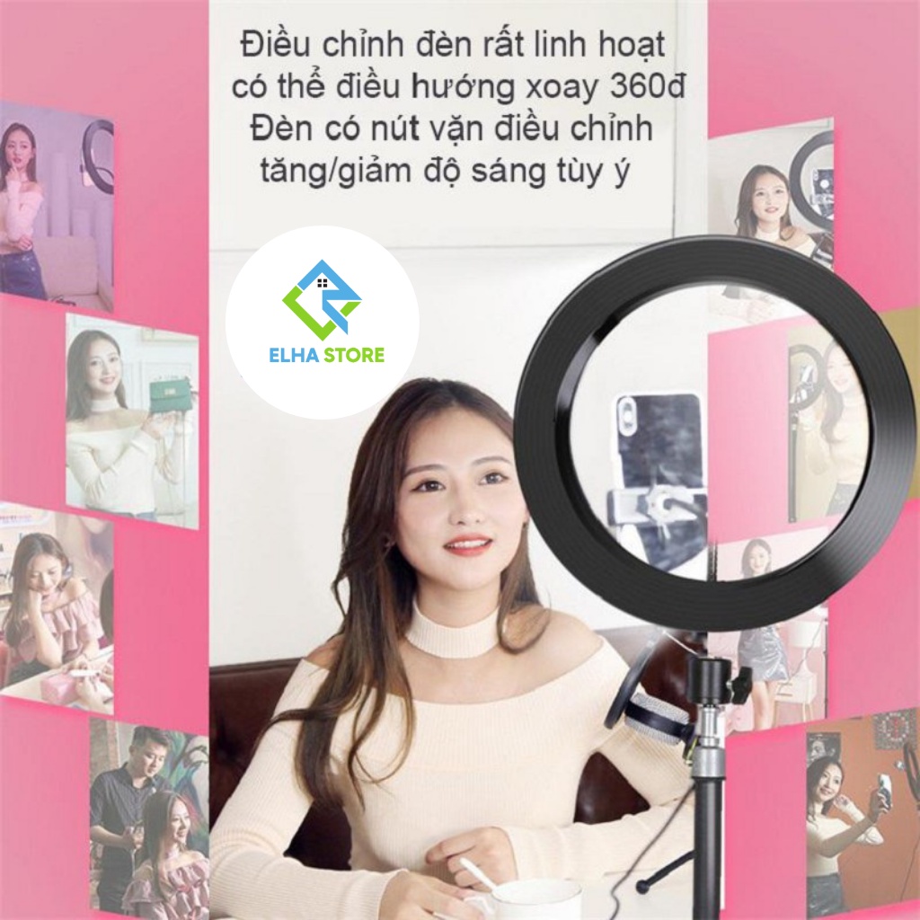 Đèn livestream size 26cm và chân 2,1m, giá đỡ điện thoại có đèn chụp ảnh make up trang điểm ELHA STORE