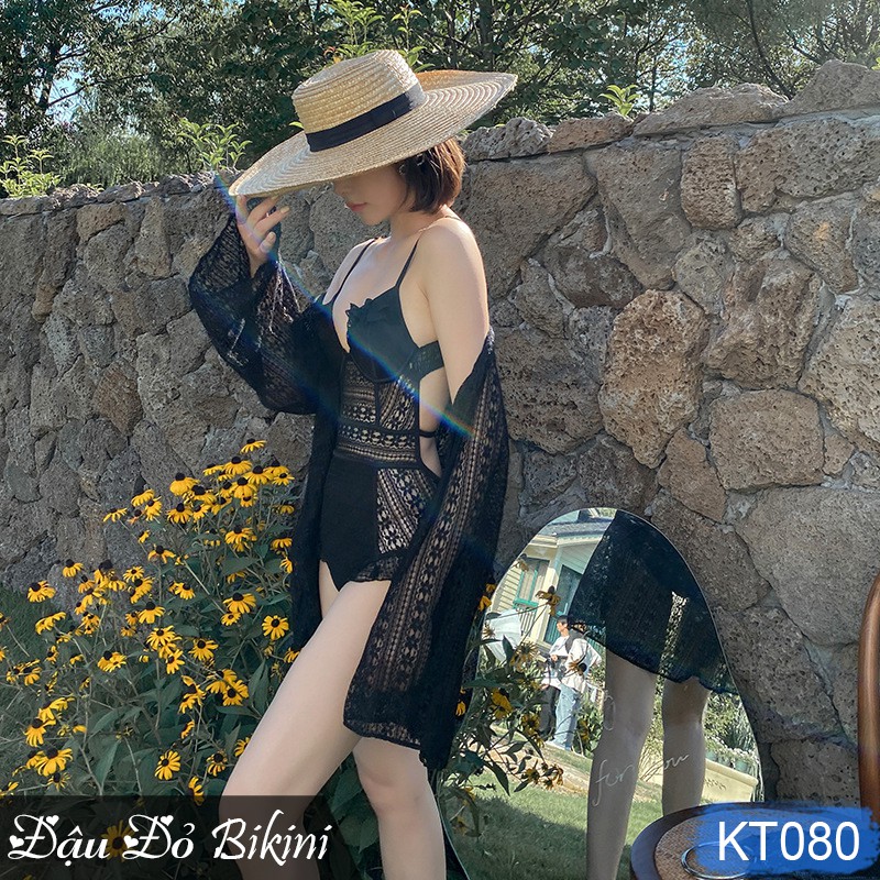 Bộ bơi liền thân phối ren sang chảnh kèm áo choàng kimono ren sexy, Bikini cao cấp mẫu mới 2021, chất đẹp | KT080
