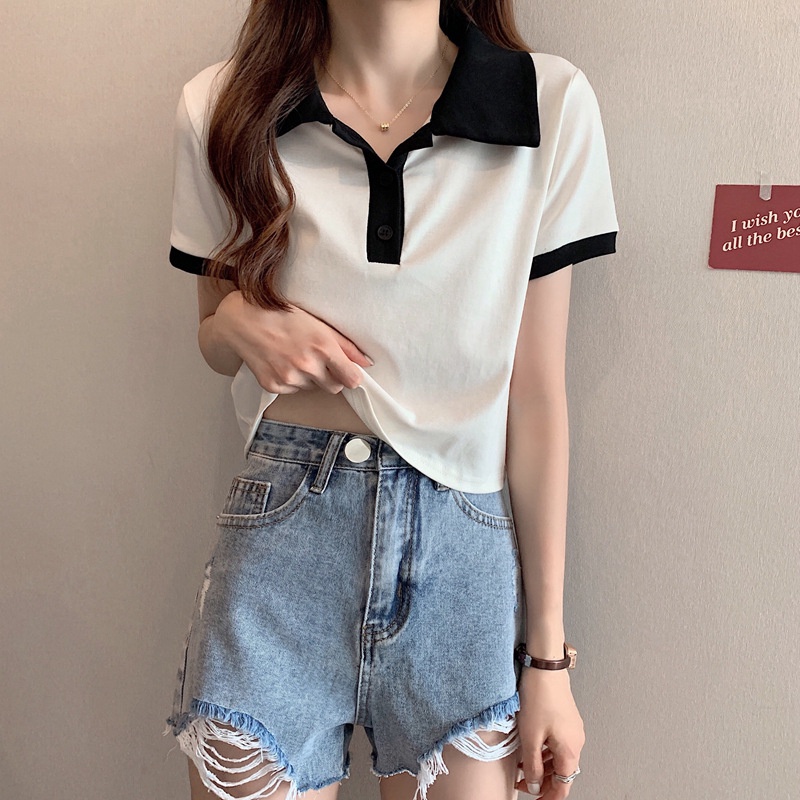 Áo thun polo IELGY tay ngắn cổ bẻ màu sắc tương phản thời trang đơn giản dành cho nữ
