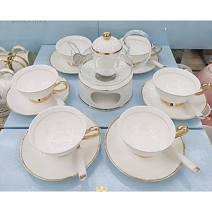 Bộ ấm chén kèm 6 đĩa lót tách pha trà hoa thủy tinh kết hợp gốm sứ xương cao cấp có đế đun và thìa trắng