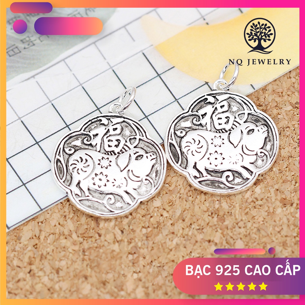 Charm bạc hình con heo tranh đông hồ treo