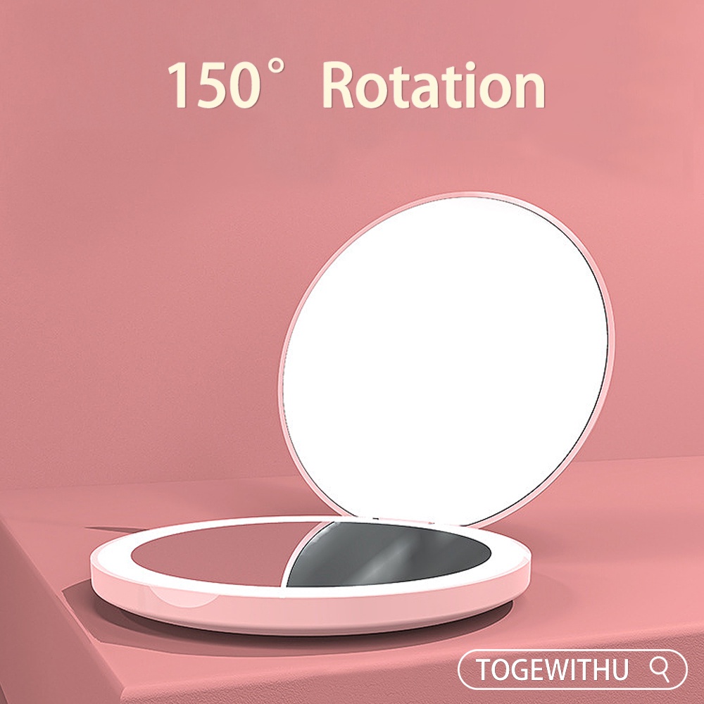 TOGEWITHU Gương Trang Điểm Bỏ Túi 2 Mặt Có Đèn LED Phóng To 1x/2x