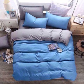 set chăn ga poly cotton xanh da trời phối xám