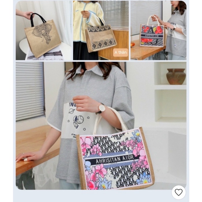 Túi cói vintage đi biển xách tay nữ size lớn vải bố lanh cao cấp Hàn Quốc