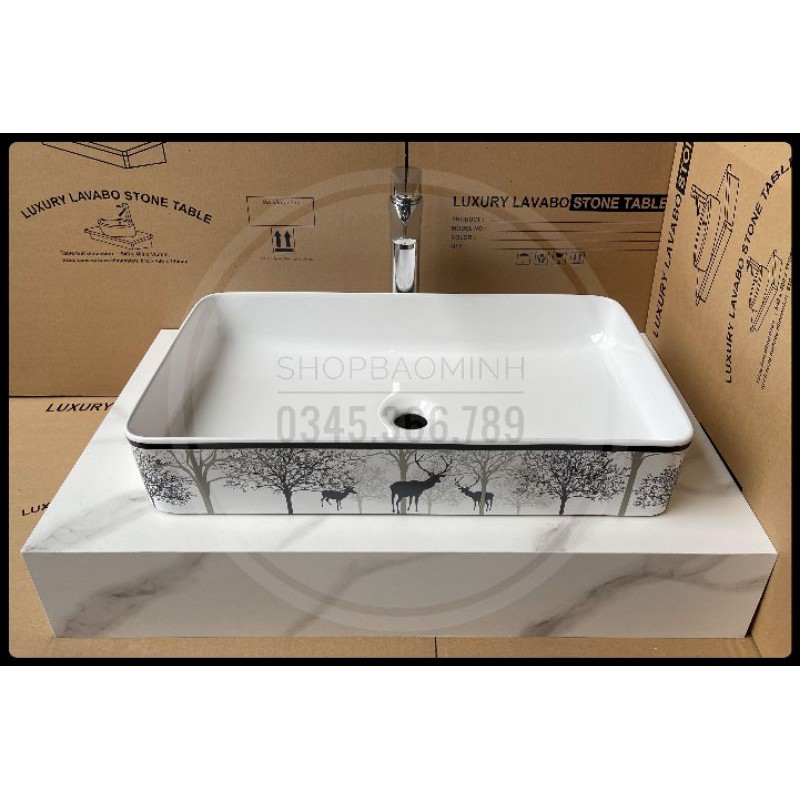 Lavabo chữ nhật đặt bàn hoa văn cao cấp (KT 62x33cm)