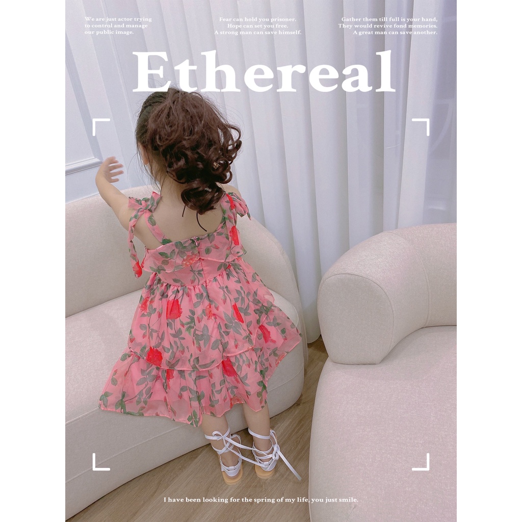 Váy công chúa bé gái, váy tơ hoa 2 dây buộc vai bèo tầng cho bé mẫu AHH2