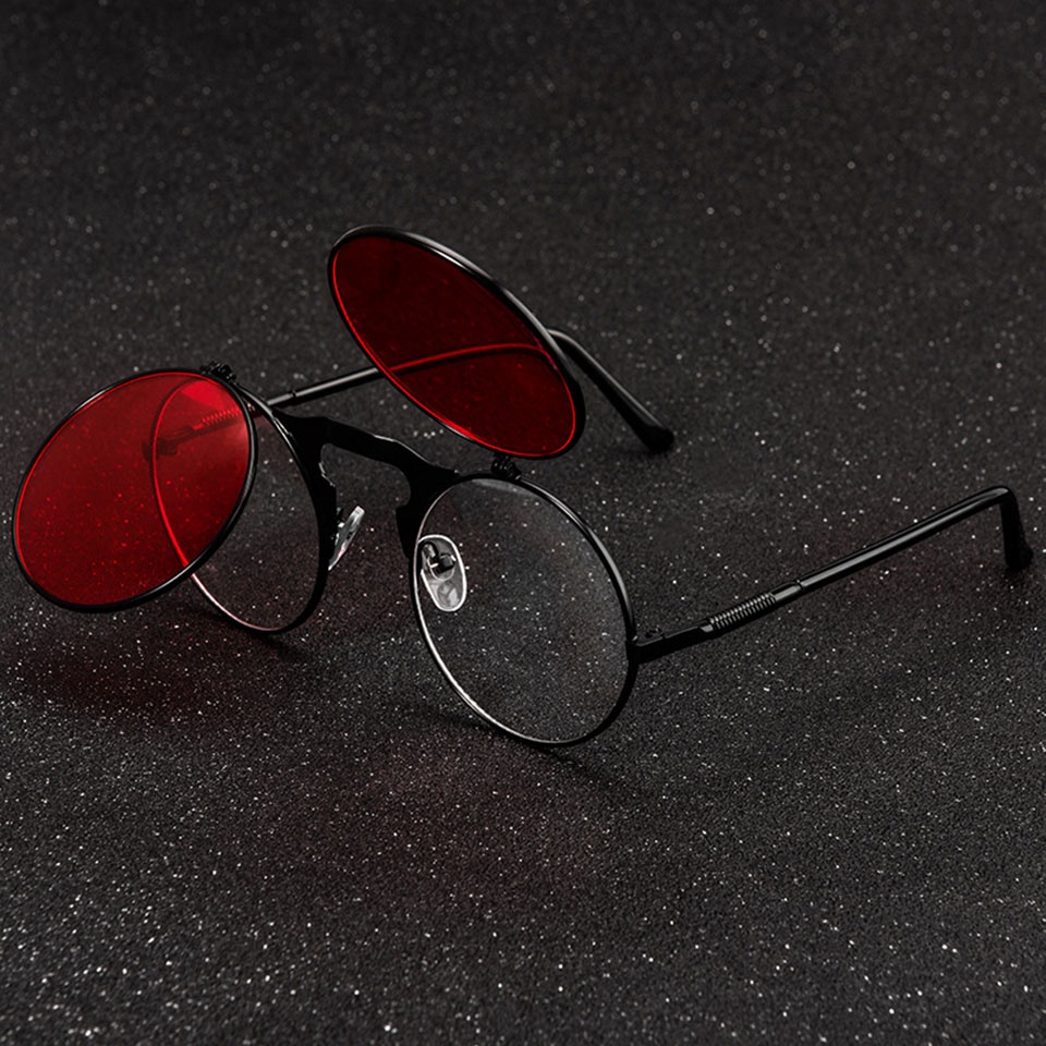 Kính Mát Gọng Kim Loại Lật Tròng Tròn Phong Cách Punk Vintage Thời Trang Cho Nam Nữ