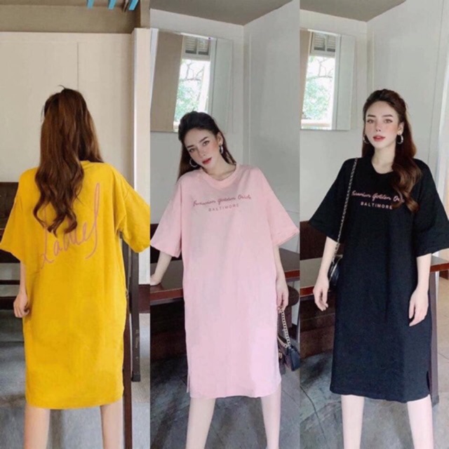 Đầm_suông-Váy suông cotton cổ tròn in chữ LADIES có xẻ (không túi )