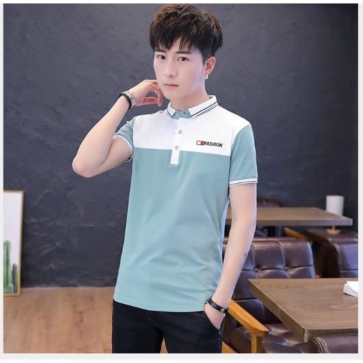 Áo thun nam có cổ tay ngắn xanh trắng đẹp vải cotton mềm mát giá rẻ cạnh tranh