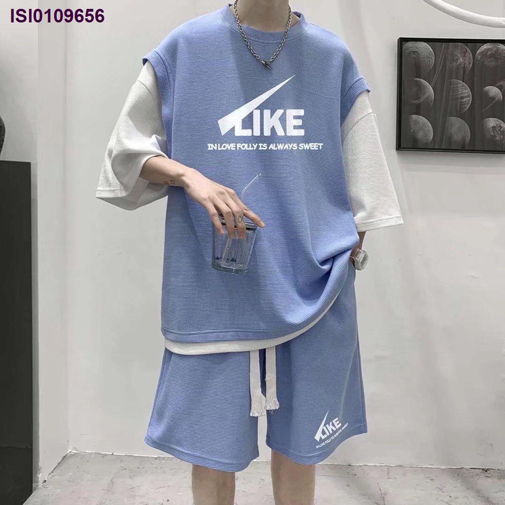 Hàng Có Sẵn Set Đồ Thể Thao Áo Thun Tay Ngắn Giả Hai Lớp + Quần Short Chơi Bóng Rổ Màu Xanh Dương Cho Nam Và Nữ