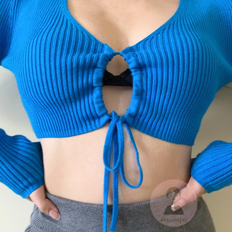 Áo Thun Dệt Kim Tay Dài Cổ Chữ V Màu Sắc Đơn Giản Dành Cho Nữ