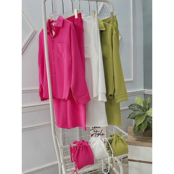 Set 3 món áo bra cúp ngực+khoác sơmi+quần suông dài trắng/xanh lá/hồng cánh sen, bộ hotgirl sang trọng quyến rũ gợi cảm