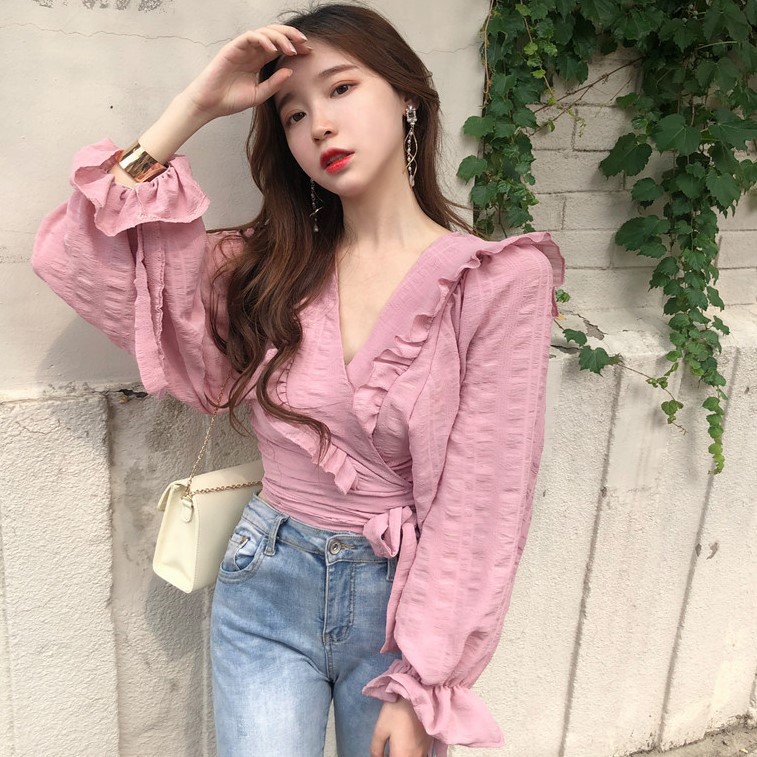🎀Áo sơ mi croptop thắt nơ eo hàng Quảng Châu đẹp sang chảnh