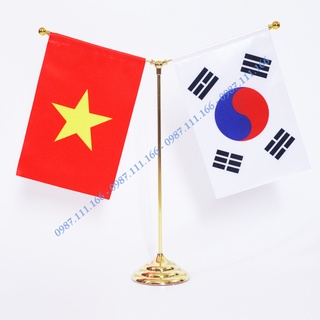 Cờ để bàn chữ y mạ vàng cắm 2 cờ các nước tùy chọn
