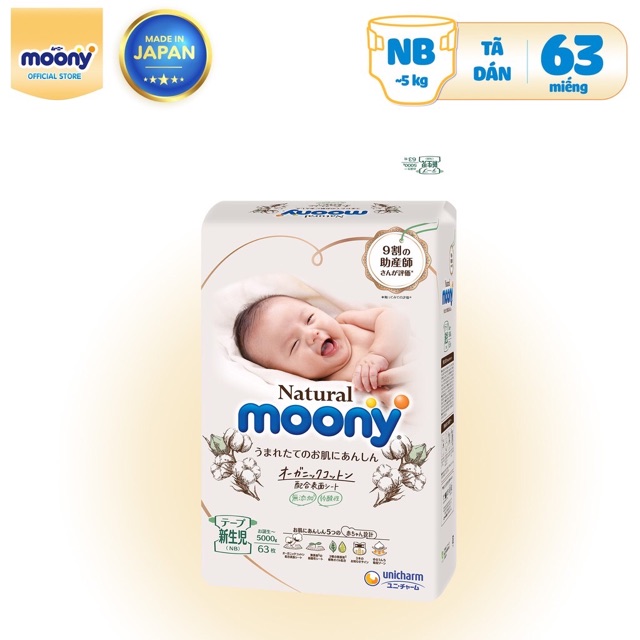 Tã bỉm MOONY NATURAL/ MÔNY XANH Nội Địa Nhật dán/quần NB63/S58/M48/L36/XL32