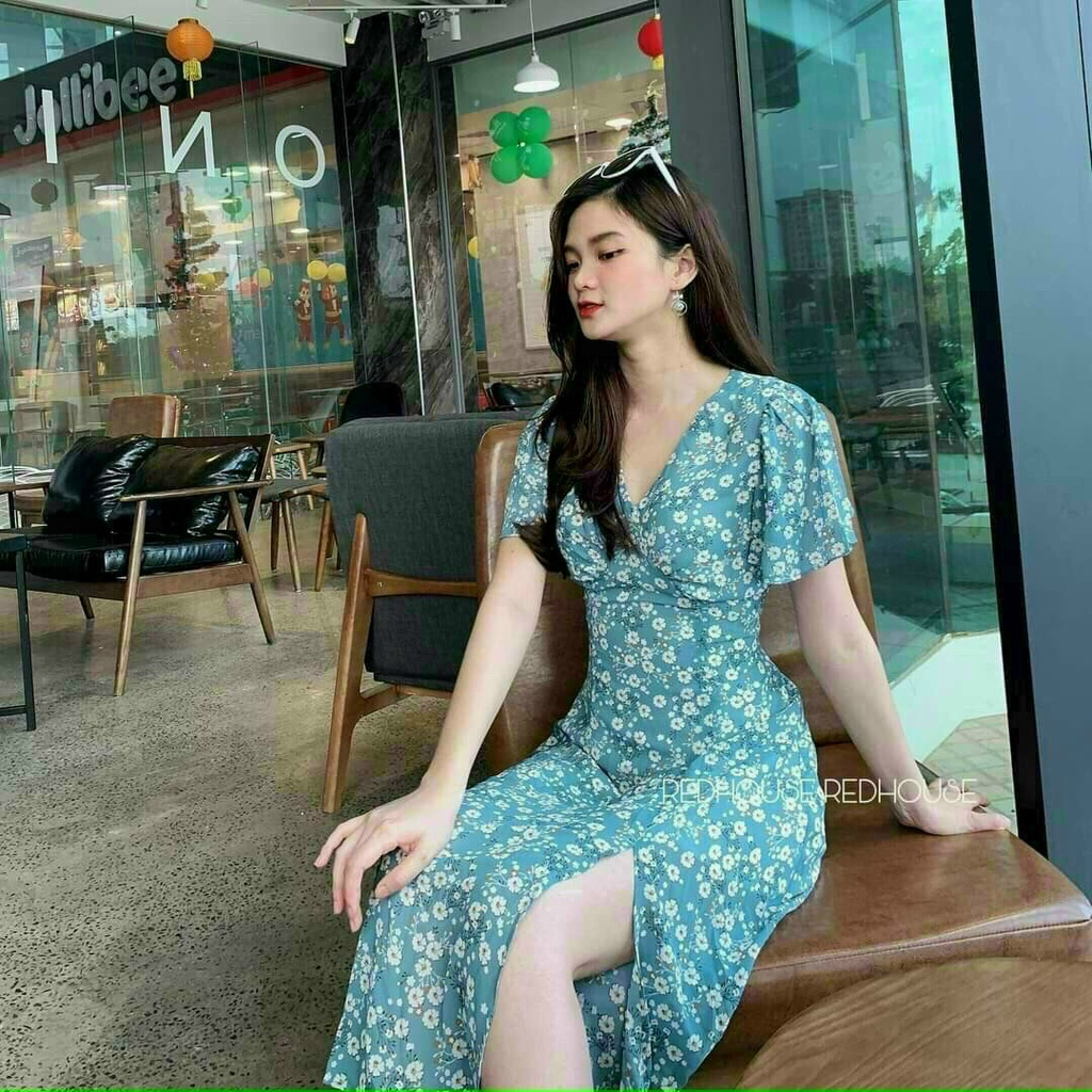 Váy hoa vintage xẻ tà dáng lửng free size dưới 55kg vừa kèm hình thật-TP duoi ca