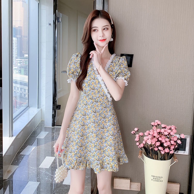 Đầm hồng đầm bigsize nữ đầm tay phồng đầm nữ đầm hoa nhí vintage váy tiểu thư sang chảnh váy cổ v váy ngắn đầm đi tiệc váy đi chơi