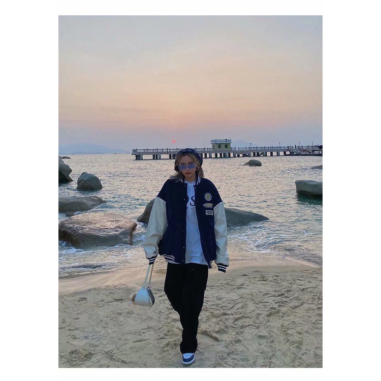 Áo bomber nhung kiểu cúc bấm phối tay trắng in họa tiết NSR thời trang hàn quốc | BigBuy360 - bigbuy360.vn