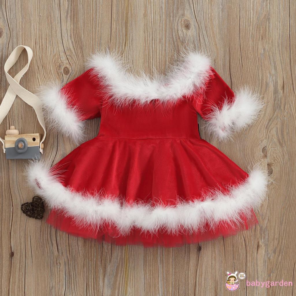 Đầm Tay Dài Phồng Hở Vai Màu Đỏ Giáng Sinh Dành Cho Bé Gái 1 Đến 7 Tuổi