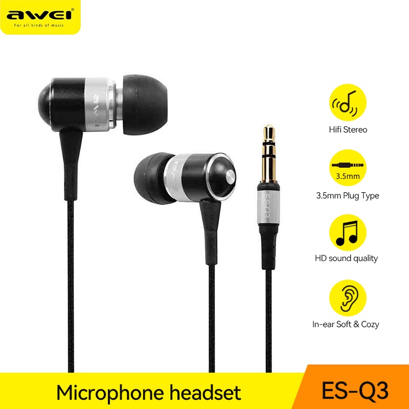 Tai nghe AWEI ES-Q3 có dây giắc 3.5mm thiết kế hai kênh âm nhạc phong cách thể thao cho samsung