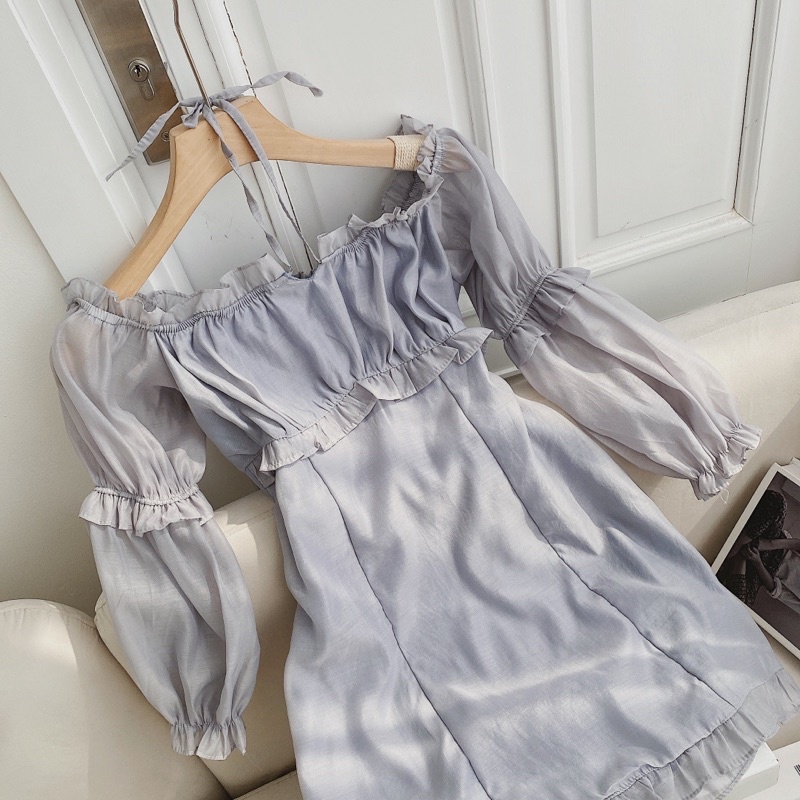 Đầm bẹt vai xanh tay dài bèo dáng ôm