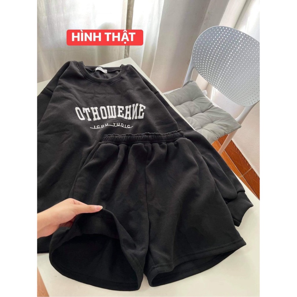 Set Bộ Nỉ Áo Sweater Kèm Quần Đùi Set Bộ Nỉ Ngoại Tay Phồng Form Rộng Phong Cách Ulzzang OTHOW  - KD
