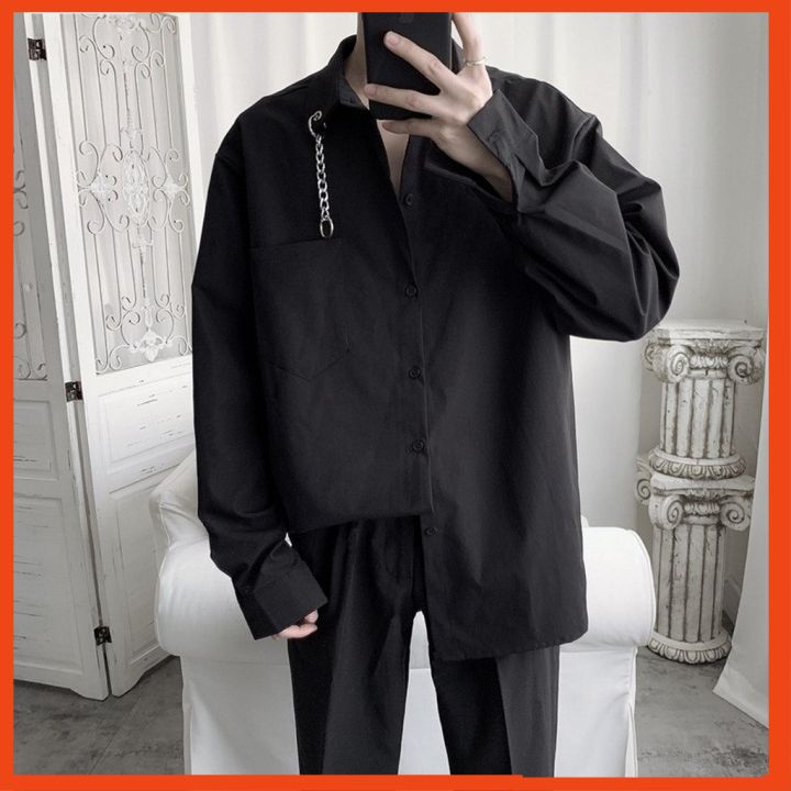 Áo sơ mi nam nữ dài tay unisex basic form rộng suông phối khoen cổ tay dài cao cấp phong cách Hàn Quốc - AMK027 | BigBuy360 - bigbuy360.vn