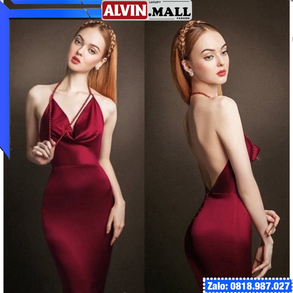 🔥𝓠𝓾ả𝓷𝓰 𝓒𝓱â𝓾 CAO CẤP🔥 Đầm ôm body thiết cổ đỗ phối dây ngọc hở lưng màu đỏ đô vải phi Ý sang trọng ladyvin giá r