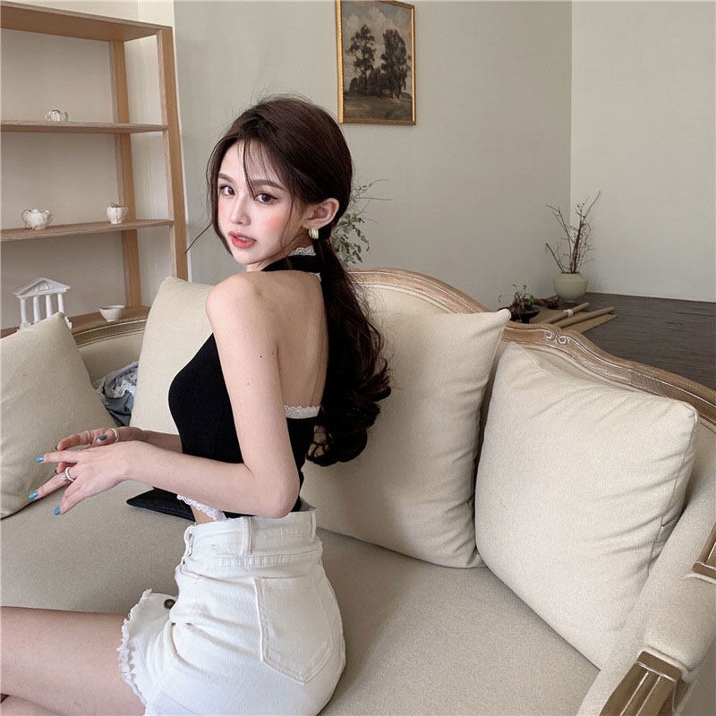 Áo croptop YEYA dệt kim phối ren lưng cao thời trang quyến rũ tùy chọn màu sắc dành cho nữ