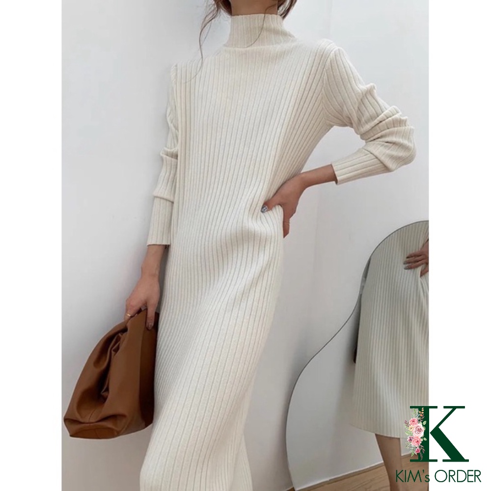 Đầm len suông nữ màu trắng be đen nâu váy len bầu phom rộng dài tay cổ tròn cao 3 phân cổ lọ xu hướng thời trang Hàn