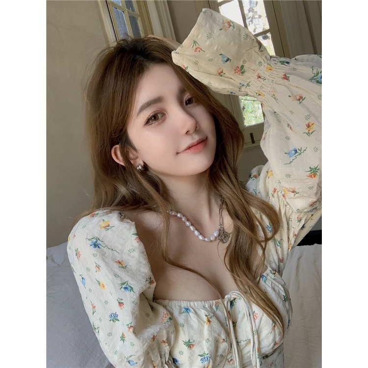 QKOOLE Áo kiểu cổ vuông họa tiết hoa phong cách Hàn Quốc xinh xắn dành cho nữ