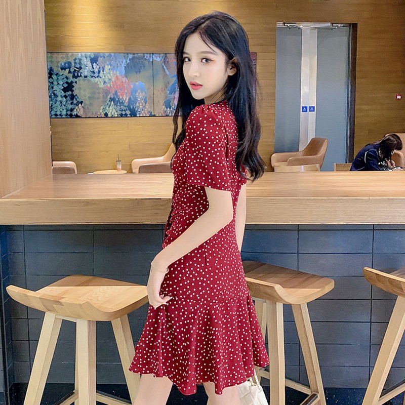 Đầm nữ tay ngắn cổ chữ V họa tiết chấm bi thời trang quyến rũ