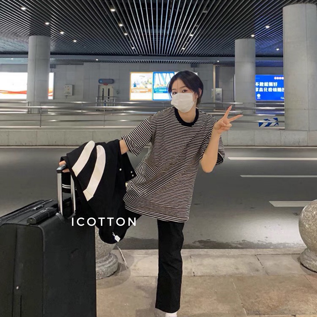 Áo thun nữ tay lỡ form rộng Icotton  áo phông nữ dáng rộng sọc ngang mềm mại cá tính