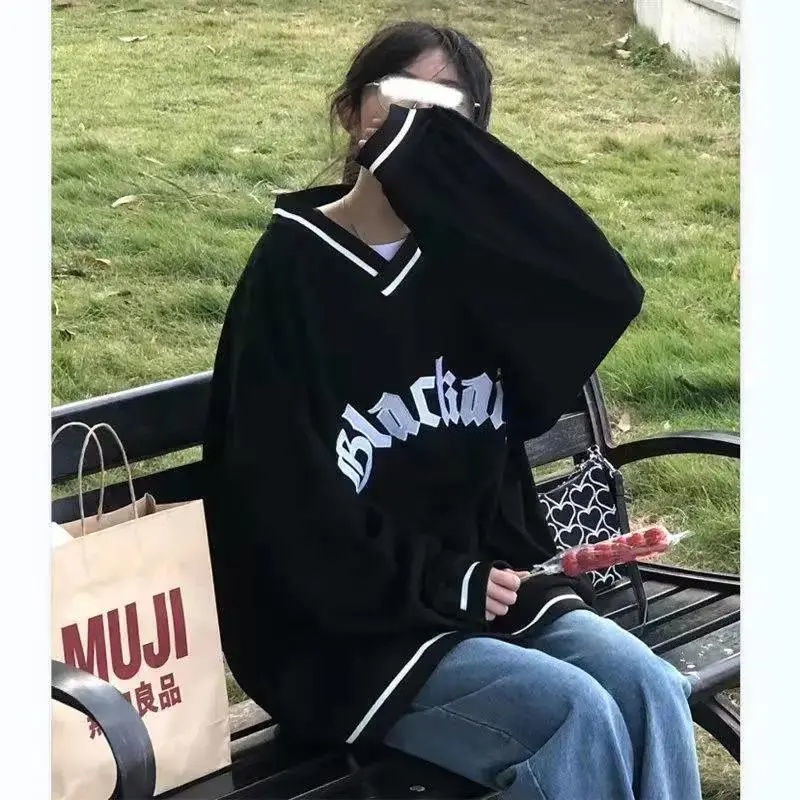 Jiashucheng Áo Khoác Sweater Cổ Chữ V Màu Đen Phong Cách Retro Mỹ Dễ Phối Đồ Dành Cho Nữ