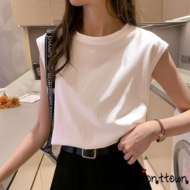 ღtwღWomen Summer Tank Tops, Solid Color Round-Neck Sleeveless Casual Vest Tops, Streetwear for Ladies, White/Black