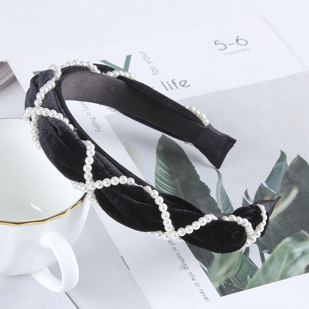 Băng đô nhung đính ngọc trai giả phong cách Hàn Quốc