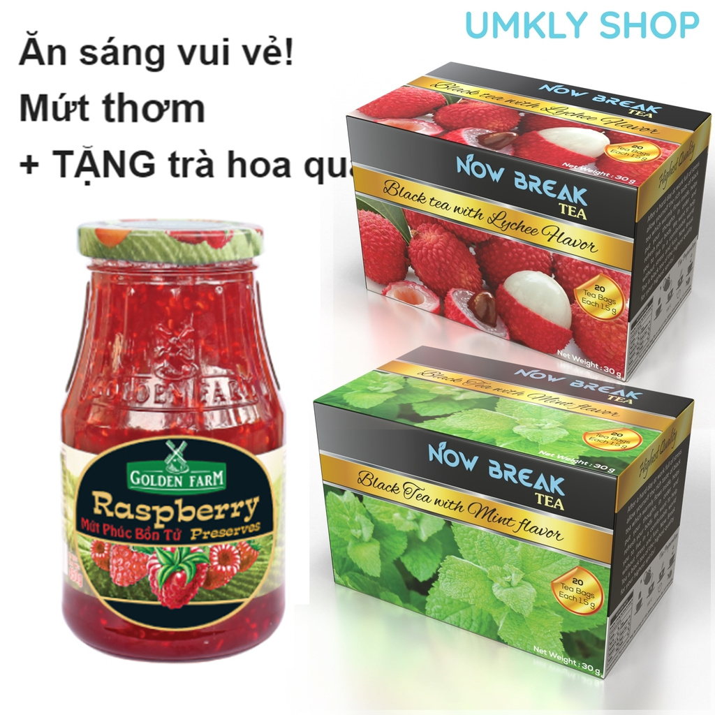 Mứt PHÚC BỒN TỬ 210g Golden Farm + 10 túi trà Now Break Tea kèm theo (5 x trà Vải và 5 x trà Bạc Hà)