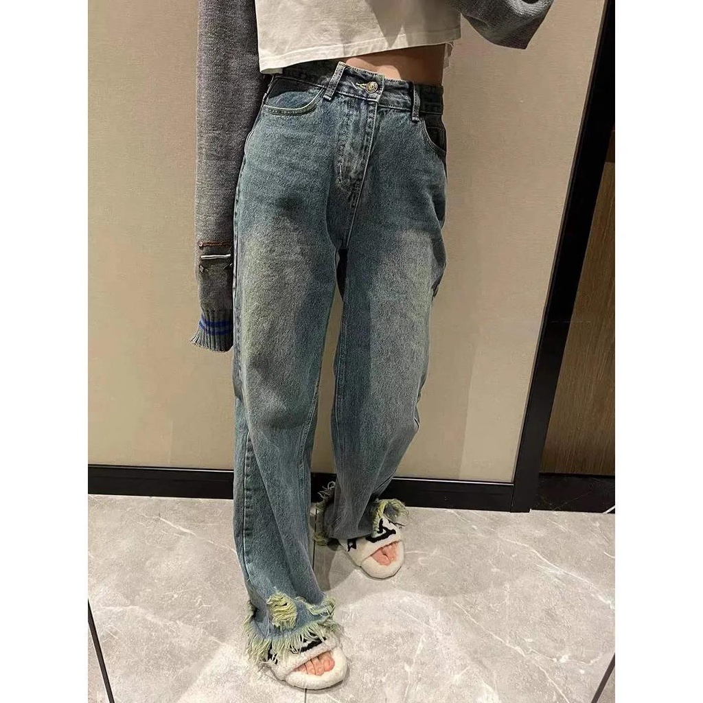 Jiashucheng Quần Jean Rách Lưng Cao Phối Tua Rua Rách Đường Phố Mùa Xuân Hè Cho Nữ