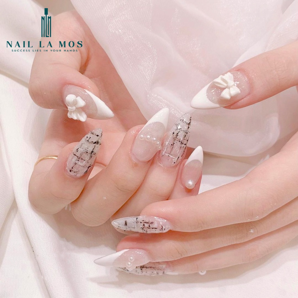Khay ngọc trai nhân tạo mix size đính móng - Ngọc trai nhựa loại tròn, nửa viên hai màu trắng ngà đính nail sang chảnh