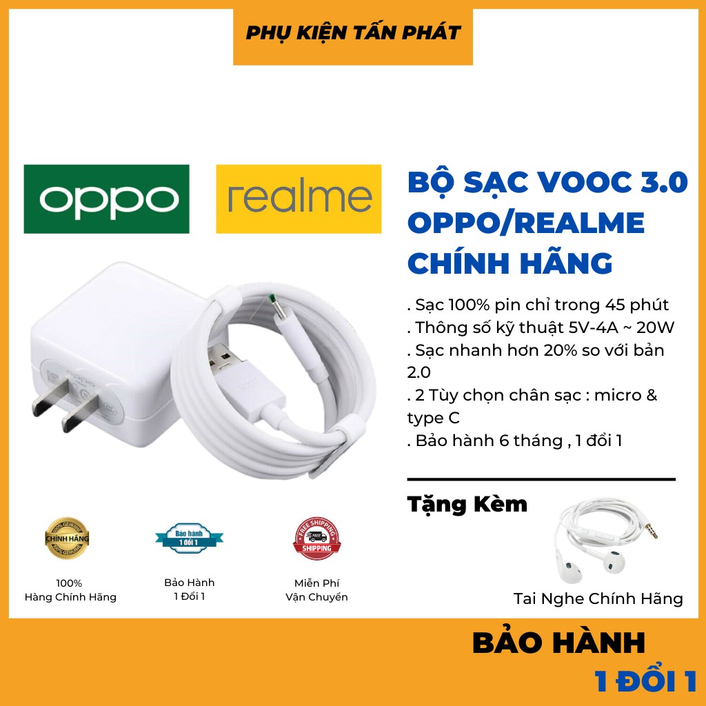 Bộ Củ Cáp Sạc VOOC 3.0 OPPO/REALME Chính Hãng - Tặng Tai Nghe - Bảo Hành 6TH 1 Đổi 1