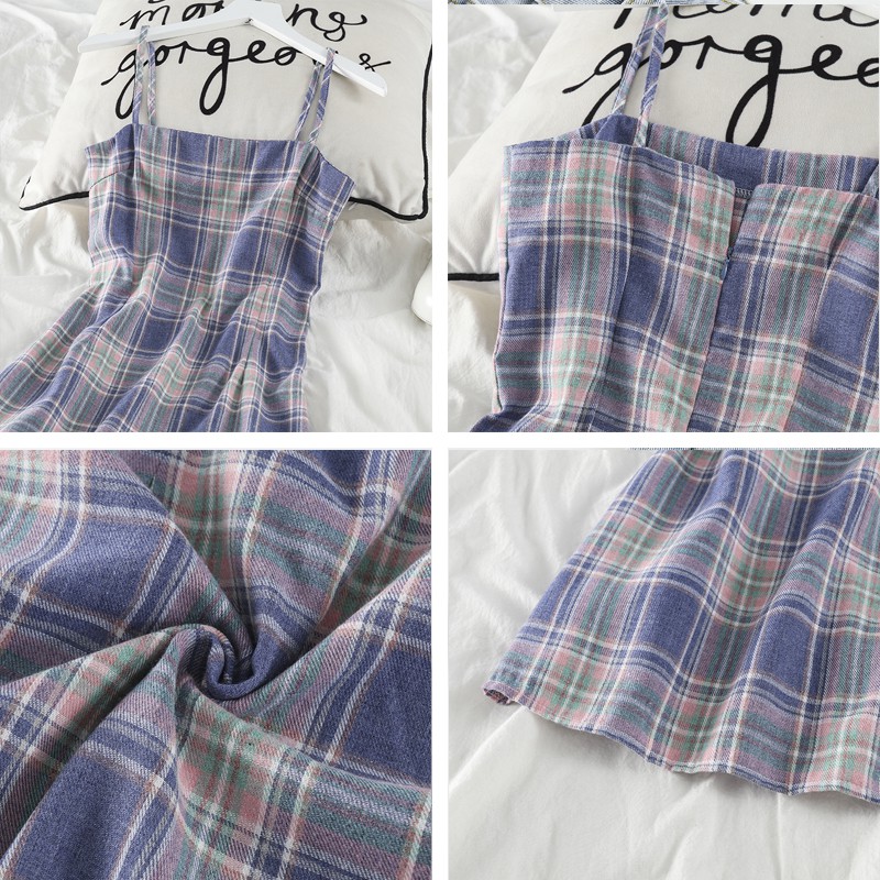 Đầm hai dây kẻ sọc ca rô Xiaozhainv thời trang Hàn Quốc quyến rũ cho nữ